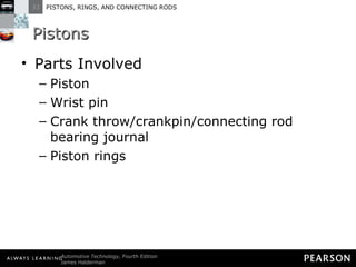Pistons Parts Involved Piston Wrist pin Crank throw/crankpin/connecting rod bearing journal Piston rings 