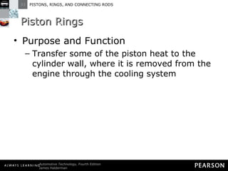 Piston Rings Purpose and Function Transfer some of the piston heat to the cylinder wall, where it is removed from the engine through the cooling system 