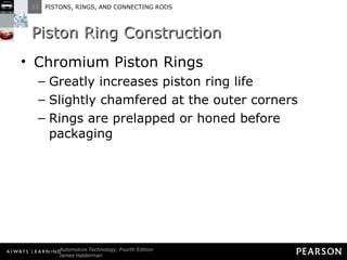 Piston Ring Construction Chromium Piston Rings Greatly increases piston ring life Slightly chamfered at the outer corners Rings are prelapped or honed before packaging 