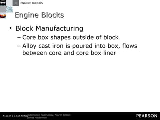 Engine Blocks Block Manufacturing Core box shapes outside of block Alloy cast iron is poured into box, flows between core and core box liner 