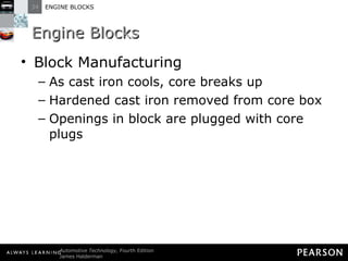 Engine Blocks Block Manufacturing As cast iron cools, core breaks up Hardened cast iron removed from core box Openings in block are plugged with core plugs 
