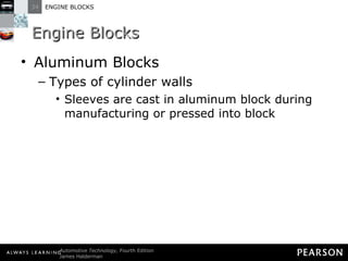 Engine Blocks Aluminum Blocks Types of cylinder walls Sleeves are cast in aluminum block during manufacturing or pressed into block 