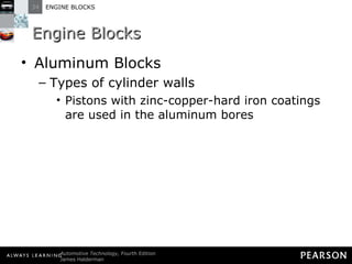 Engine Blocks Aluminum Blocks Types of cylinder walls Pistons with zinc-copper-hard iron coatings are used in the aluminum bores 