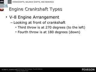 Engine Crankshaft Types V-8 Engine Arrangement Looking at front of crankshaft Third throw is at 270 degrees (to the left) Fourth throw is at 180 degrees (down) 