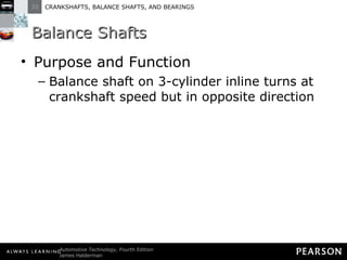 Balance Shafts Purpose and Function Balance shaft on 3-cylinder inline turns at crankshaft speed but in opposite direction 
