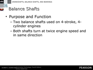 Balance Shafts Purpose and Function Two balance shafts used on 4-stroke, 4-cylinder engines Both shafts turn at twice engine speed and in same direction 