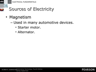 Sources of Electricity  Magnetism Used in many automotive devices. Starter motor. Alternator. 