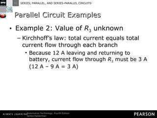 Parallel Circuit Examples Example 2: Value of  R 3  unknown Kirchhoff’s law: total current equals total current flow through each branch Because 12 A leaving and returning to battery, current flow through  R 3  must be 3 A (12 A – 9 A = 3 A) 