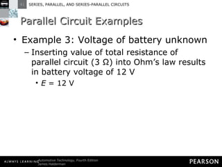Parallel Circuit Examples Example 3: Voltage of battery unknown Inserting value of total resistance of parallel circuit (3 Ω) into Ohm’s law results in battery voltage of 12 V E  = 12 V 