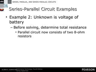 Series-Parallel Circuit Examples Example 2: Unknown is voltage of battery Before solving, determine total resistance Parallel circuit now consists of two 8-ohm resistors 