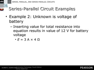 Series-Parallel Circuit Examples Example 2: Unknown is voltage of battery Inserting value for total resistance into equation results in value of 12 V for battery voltage E  = 3 A × 4 Ω 