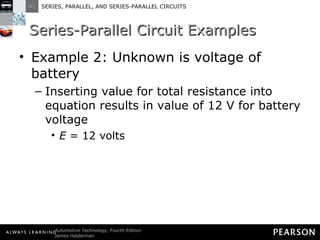 Series-Parallel Circuit Examples Example 2: Unknown is voltage of battery Inserting value for total resistance into equation results in value of 12 V for battery voltage E  = 12 volts 