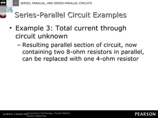 Series-Parallel Circuit Examples Example 3: Total current through circuit unknown Resulting parallel section of circuit, now containing two 8-ohm resistors in parallel, can be replaced with one 4-ohm resistor 