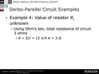 Series-Parallel Circuit Examples Example 4: Value of resistor  R 1  unknown Using Ohm’s law, total resistance of circuit 3 ohms R  =  E / I  = 12 V/4 A = 3 Ω 