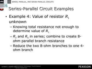 Series-Parallel Circuit Examples Example 4: Value of resistor  R 1  unknown Knowing total resistance not enough to determine value of  R 1 R 2  and  R 5  in series; combine to create 8-ohm parallel branch resistance Reduce the two 8-ohm branches to one 4-ohm branch 