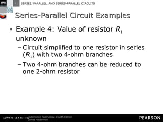 Series-Parallel Circuit Examples Example 4: Value of resistor  R 1  unknown Circuit simplified to one resistor in series ( R 1 ) with two 4-ohm branches Two 4-ohm branches can be reduced to one 2-ohm resistor 