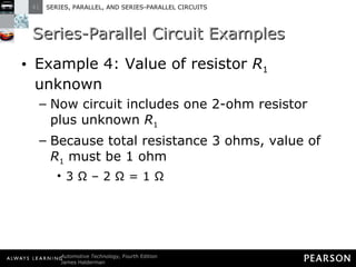 Series-Parallel Circuit Examples Example 4: Value of resistor  R 1  unknown Now circuit includes one 2-ohm resistor plus unknown  R 1 Because total resistance 3 ohms, value of  R 1  must be 1 ohm 3 Ω – 2 Ω = 1 Ω 