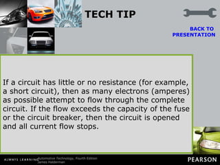 TECH TIP Farsighted Quality of Electricity Electricity almost seems to act as if it “knows” what resistances are ahead on the long trip through a circuit. If the trip through the circuit has many high-resistance components, very few electrons (amperes) will choose to attempt to make the trip.  BACK TO  PRESENTATION If a circuit has little or no resistance (for example, a short circuit), then as many electrons (amperes) as possible attempt to flow through the complete circuit. If the flow exceeds the capacity of the fuse or the circuit breaker, then the circuit is opened and all current flow stops. 