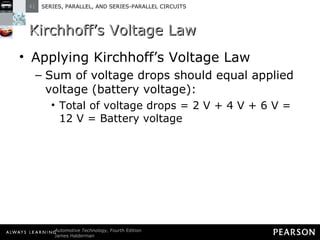 Kirchhoff’s Voltage Law Applying Kirchhoff’s Voltage Law Sum of voltage drops should equal applied voltage (battery voltage): Total of voltage drops = 2 V + 4 V + 6 V = 12 V = Battery voltage 