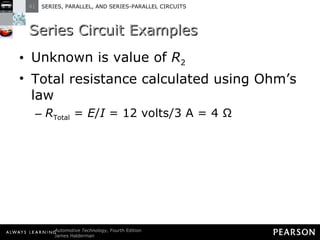 Series Circuit Examples Unknown is value of  R 2 Total resistance calculated using Ohm’s law R Total  =  E / I  = 12 volts/3 A = 4 Ω 