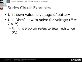 Series Circuit Examples Unknown value is voltage of battery Use Ohm’s law to solve for voltage ( E  =  I  ×  R ) R  in this problem refers to total resistance ( R T ) 