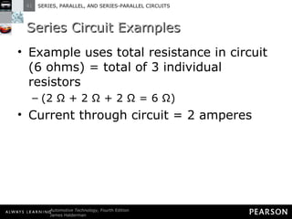 Series Circuit Examples Example uses total resistance in circuit (6 ohms) = total of 3 individual resistors (2 Ω + 2 Ω + 2 Ω = 6 Ω) Current through circuit = 2 amperes 