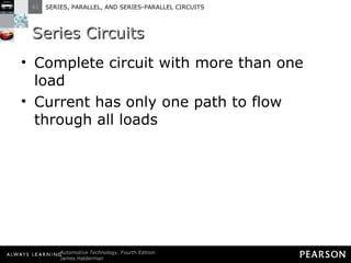 Series Circuits Complete circuit with more than one load Current has only one path to flow through all loads 