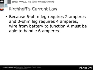 Kirchhoff’s Current Law Because 6-ohm leg requires 2 amperes and 3-ohm leg requires 4 amperes, wire from battery to junction A must be able to handle 6 amperes 