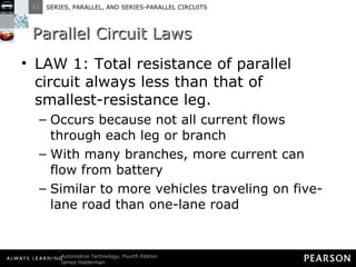 Parallel Circuit Laws LAW 1: Total resistance of parallel circuit always less than that of smallest-resistance leg. Occurs because not all current flows through each leg or branch With many branches, more current can flow from battery Similar to more vehicles traveling on five-lane road than one-lane road 
