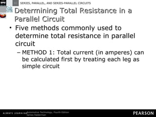 Determining Total Resistance in a Parallel Circuit Five methods commonly used to determine total resistance in parallel circuit METHOD 1: Total current (in amperes) can be calculated first by treating each leg as simple circuit 