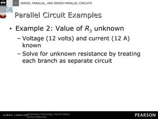 Parallel Circuit Examples Example 2: Value of  R 3  unknown Voltage (12 volts) and current (12 A) known Solve for unknown resistance by treating each branch as separate circuit 