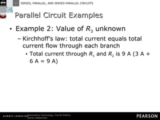 Parallel Circuit Examples Example 2: Value of  R 3  unknown Kirchhoff’s law: total current equals total current flow through each branch Total current through  R 1  and  R 2  is 9 A (3 A + 6 A = 9 A) 