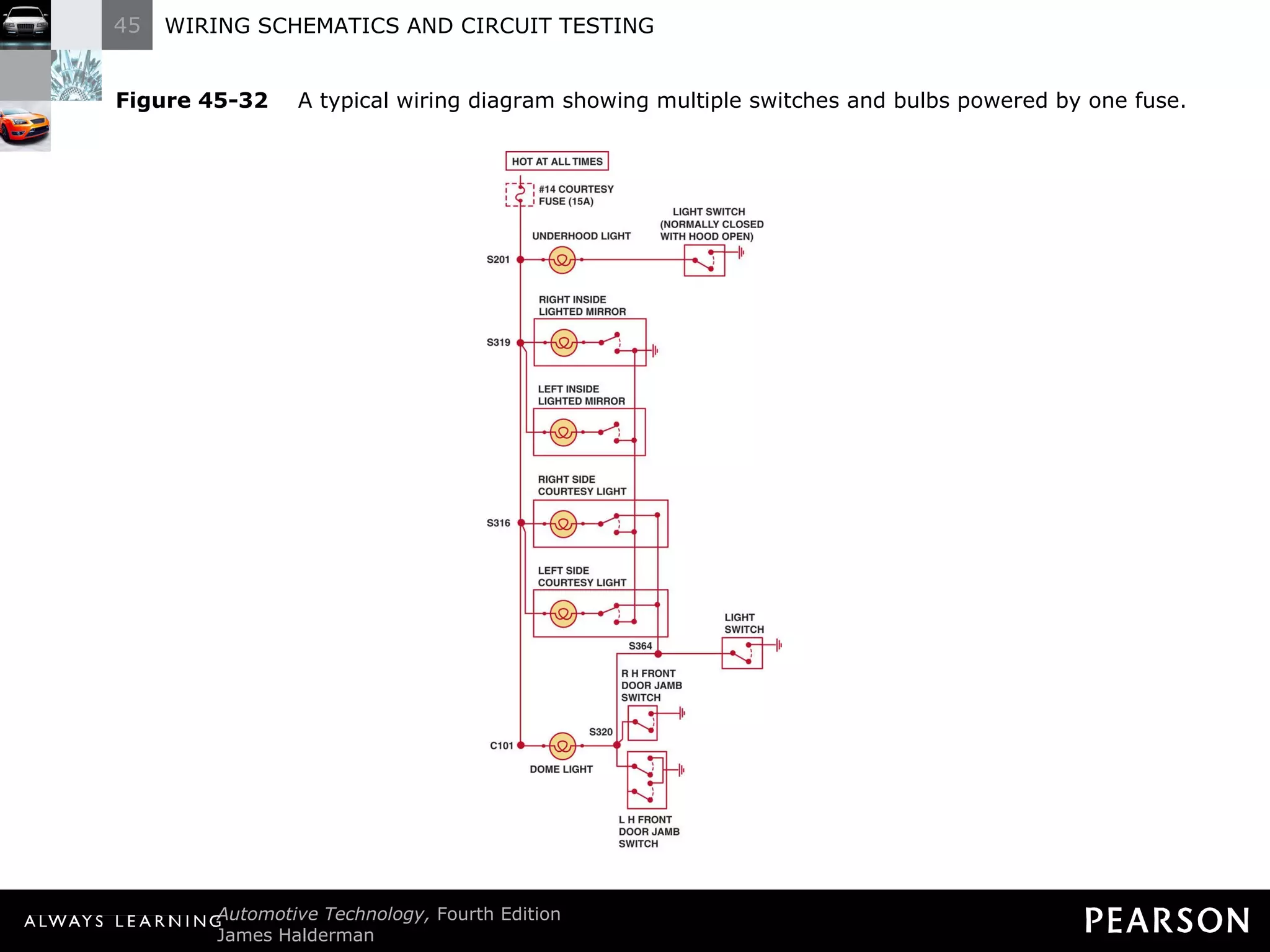 Figure 45-32   A typical wiring diagram showing multiple switches and bulbs powered by one fuse. 
