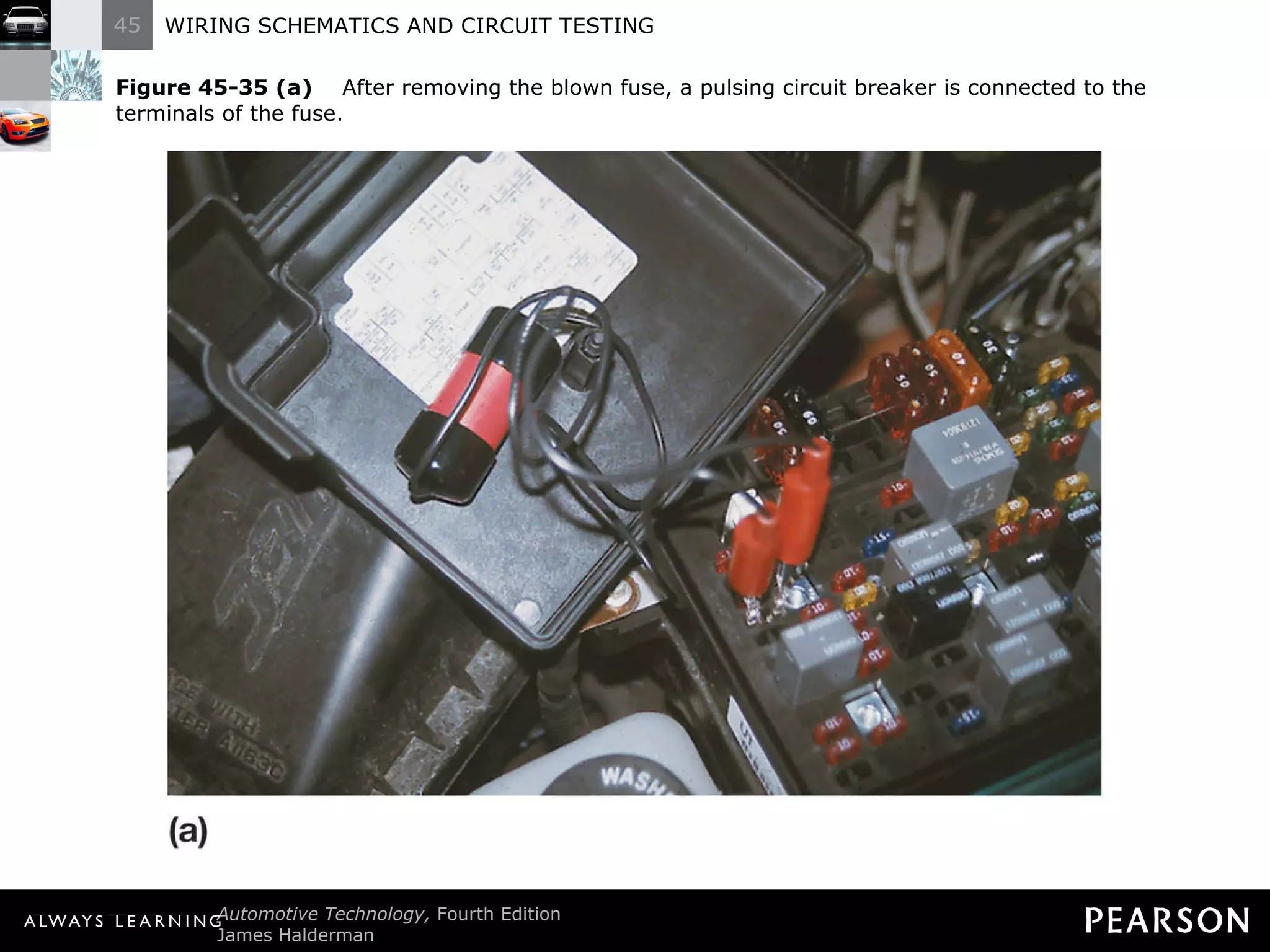 Figure 45-35 (a)   After removing the blown fuse, a pulsing circuit breaker is connected to the terminals of the fuse. 
