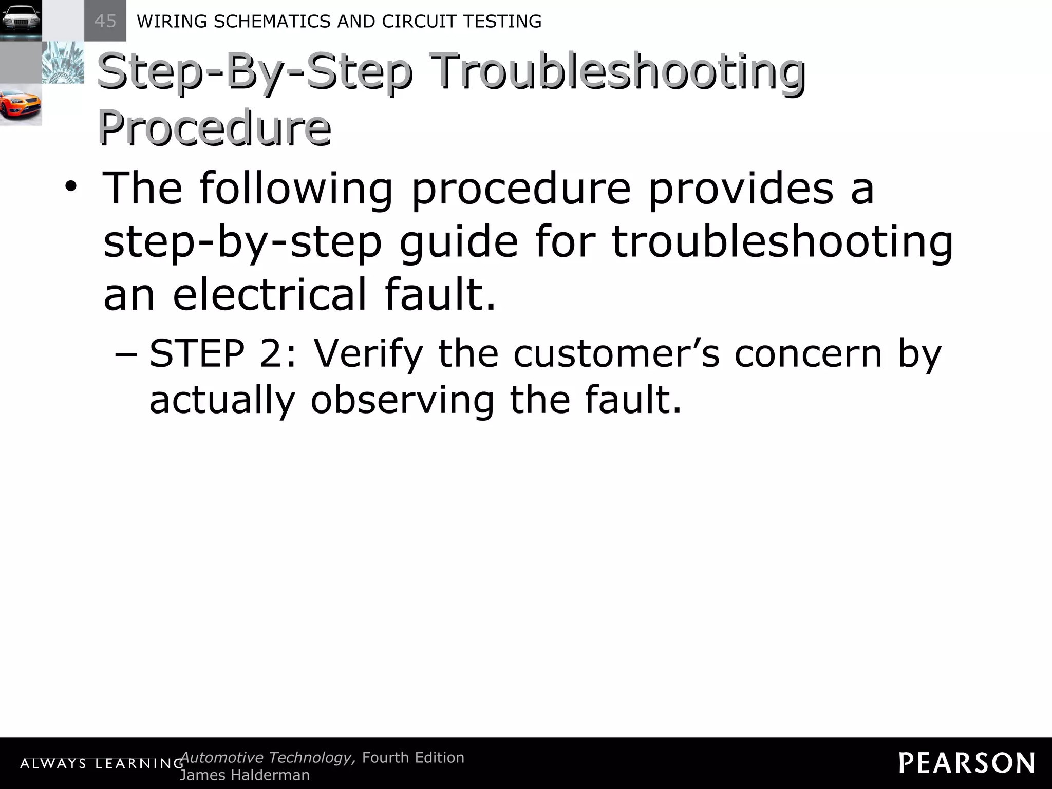 Step-By-Step Troubleshooting Procedure The following procedure provides a step-by-step guide for troubleshooting an electrical fault. STEP 2: Verify the customer’s concern by actually observing the fault.  