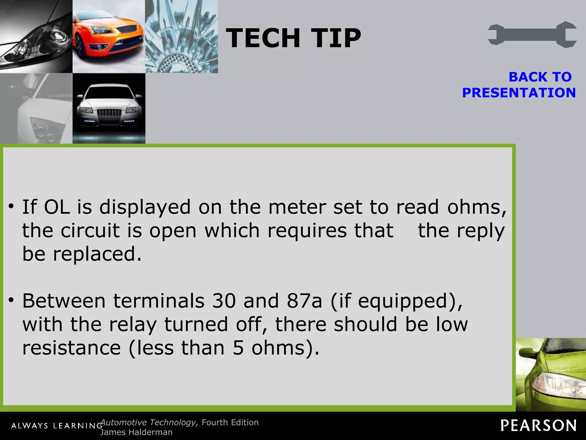 TECH TIP Divide the Circuit in Half When diagnosing any circuit that has a relay, start testing at the relay and divide the circuit in half. High current portion: Remove the relay and check that there are 12 volts at the terminal 30 socket. If there is, then the power side is okay. BACK TO  PRESENTATION Use an ohmmeter and check between terminal 87 socket and ground. If the load circuit has continuity, there should be some resistance. If OL, the circuit is electrically open. Control circuit (low current): With the relay removed from the socket, check that there is 12 volts to terminal 86 with the ignition on and the control switch on. If not, check service information to see if power should be applied to terminal 86, then continue troubleshooting the switch power and related circuit. Check the relay itself: Use an ohmmeter and measure for continuity and resistance. Between terminals 85 and 86 (coil), there should be 60 to 100 ohms. If not, replace the relay. Between terminals 30 and 87 (high-amperage switch controls), there should be continuity (low ohms) when there is power applied to terminal 85 and a ground applied to terminal 86 that operates the relay. If OL is displayed on the meter set to read  ohms, the circuit is open which requires that  the reply be replaced. Between terminals 30 and 87a (if equipped), with the relay turned off, there should be low resistance (less than 5 ohms). 