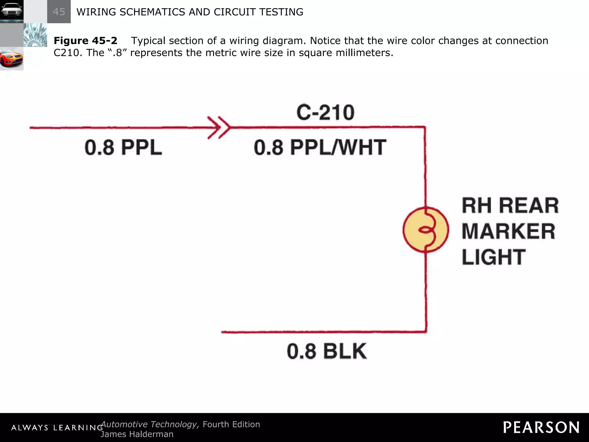 Figure 45-2   Typical section of a wiring diagram. Notice that the wire color changes at connection C210. The “.8” represents the metric wire size in square millimeters. 