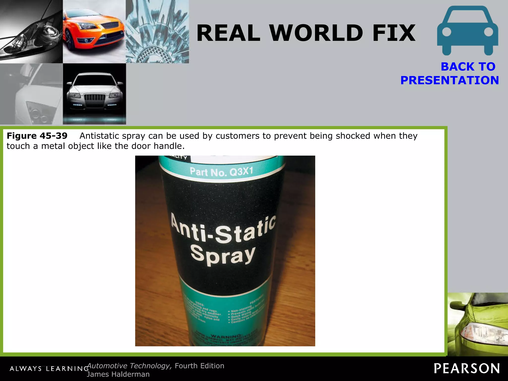 REAL WORLD FIX Shocking Experience A customer complained that after driving for a while, he got a static shock whenever he grabbed the door handle when exiting the vehicle. The customer thought that there must be an electrical fault and that the shock was coming from the vehicle itself. BACK TO  PRESENTATION In a way, the shock was caused by the vehicle, but it was not a fault. The service technician sprayed the cloth seats with an antistatic spray and the problem did not reoccur. Obviously, a static charge was being created by the movement of the driver’s clothing on the seats and then discharged when the driver touched the metal door handle. Figure 45-39   Antistatic spray can be used by customers to prevent being shocked when they touch a metal object like the door handle. 
