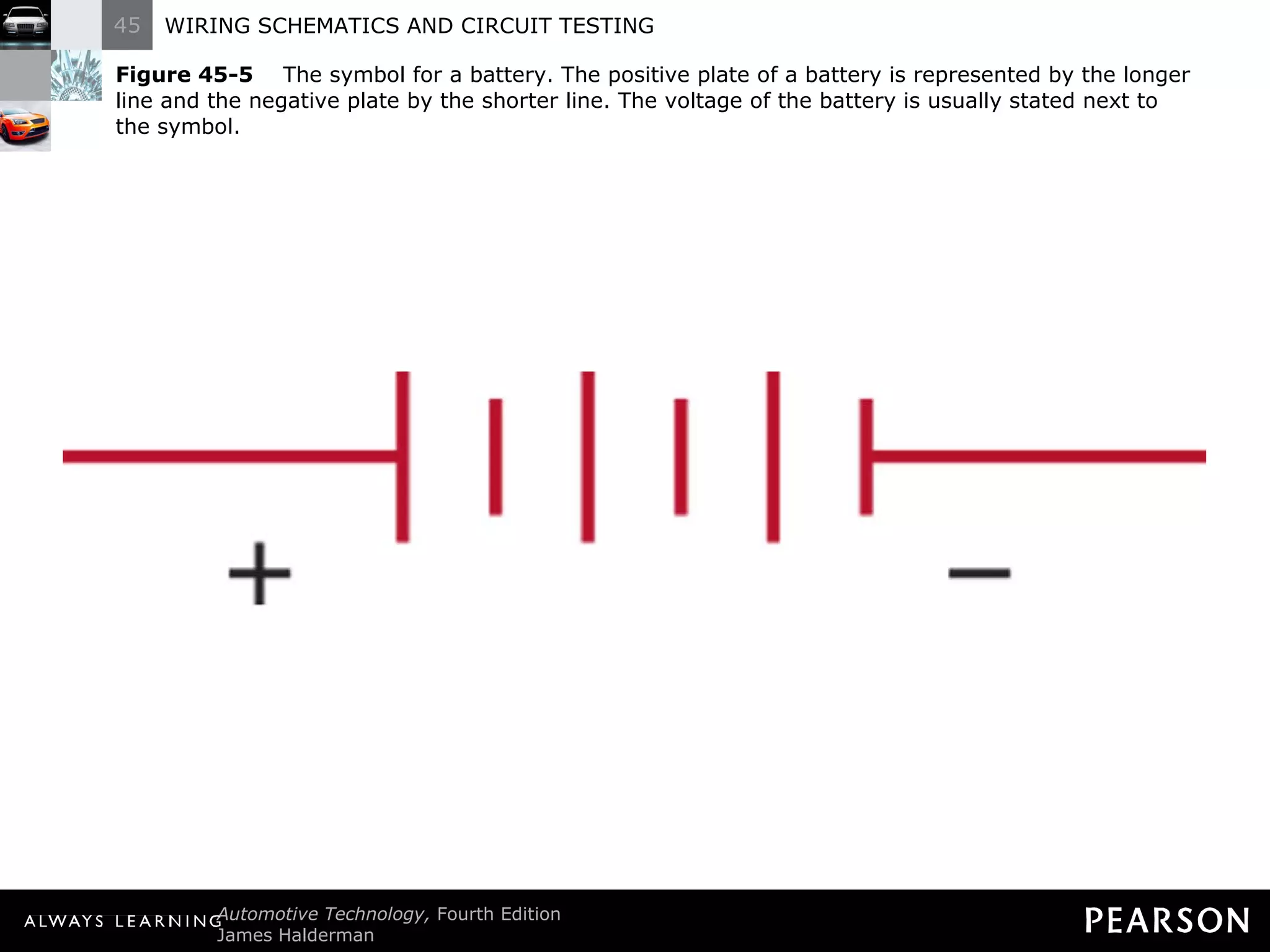 Figure 45-5   The symbol for a battery. The positive plate of a battery is represented by the longer line and the negative plate by the shorter line. The voltage of the battery is usually stated next to the symbol. 