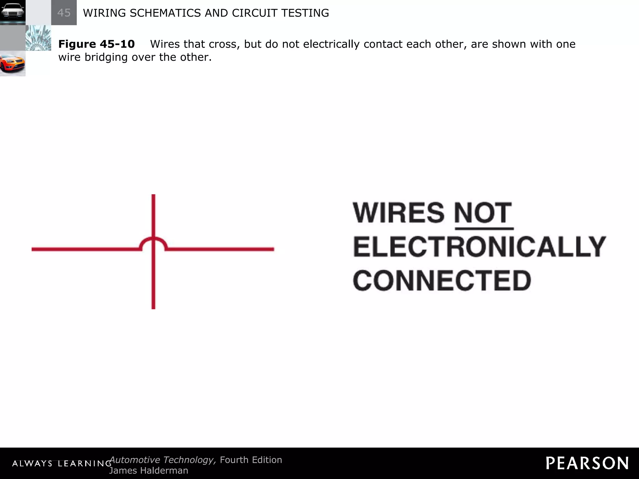 Figure 45-10   Wires that cross, but do not electrically contact each other, are shown with one wire bridging over the other. 