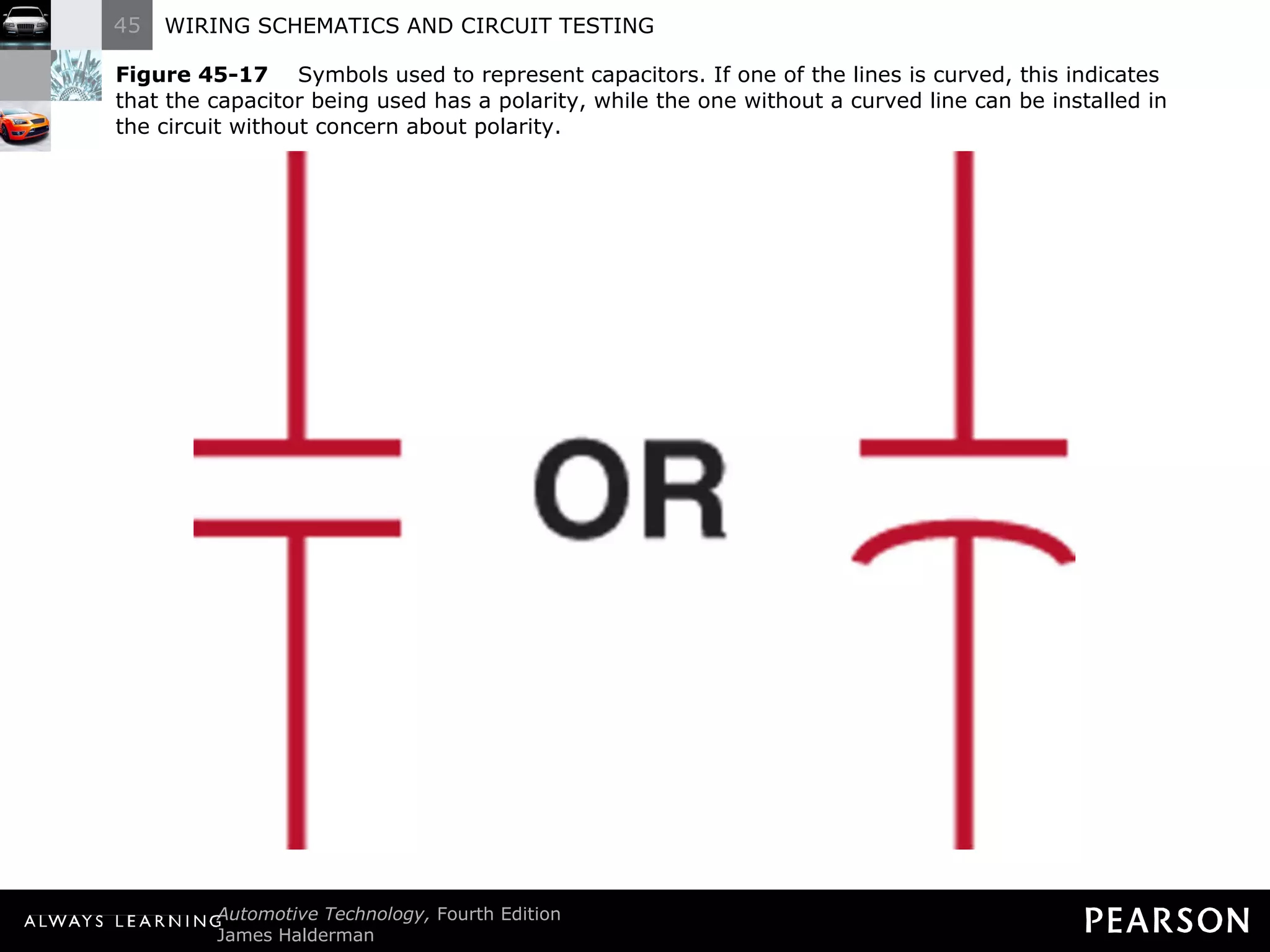 Figure 45-17   Symbols used to represent capacitors. If one of the lines is curved, this indicates that the capacitor being used has a polarity, while the one without a curved line can be installed in the circuit without concern about polarity. 