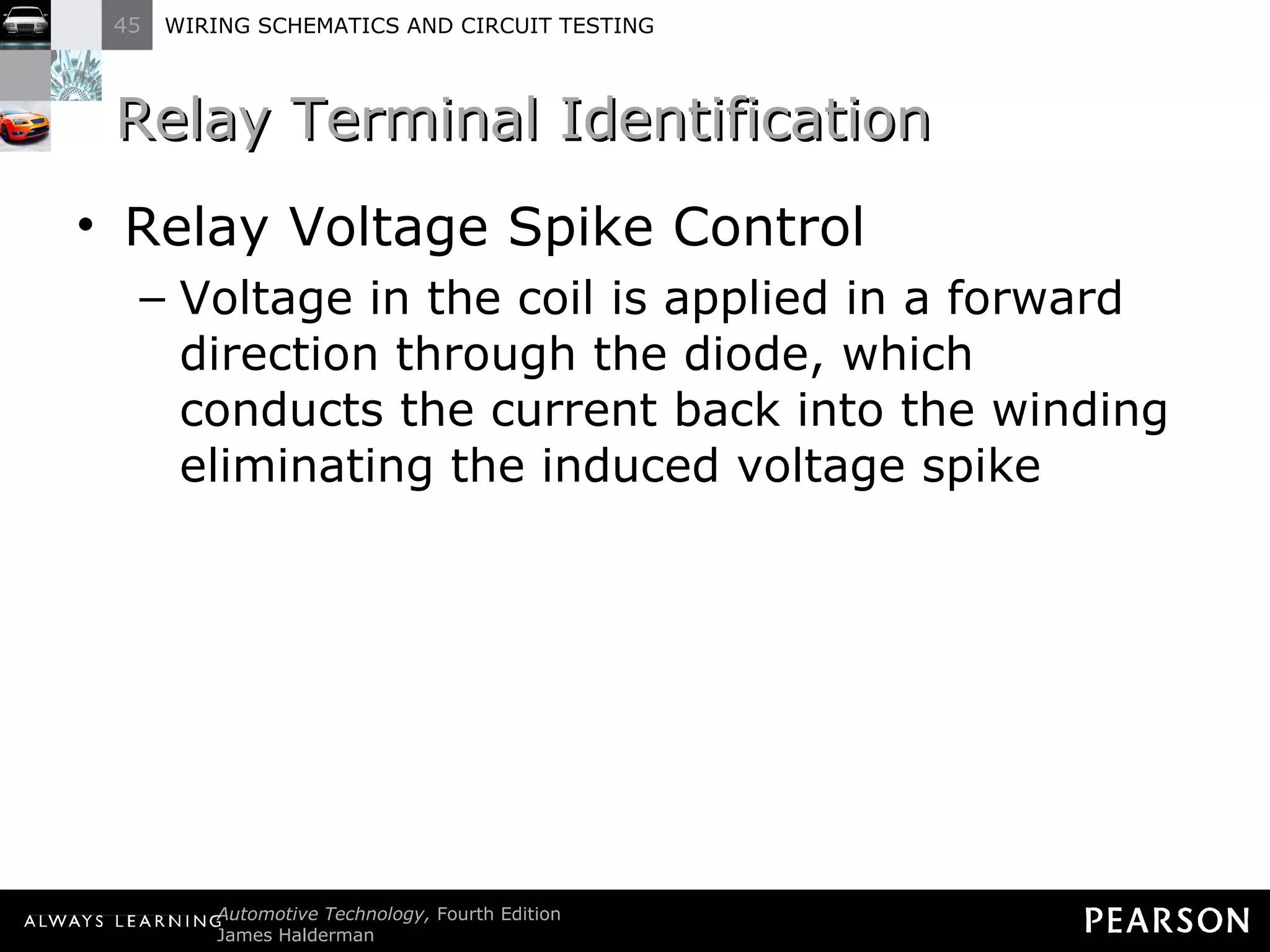 Relay Terminal Identification Relay Voltage Spike Control Voltage in the coil is applied in a forward direction through the diode, which conducts the current back into the winding eliminating the induced voltage spike 