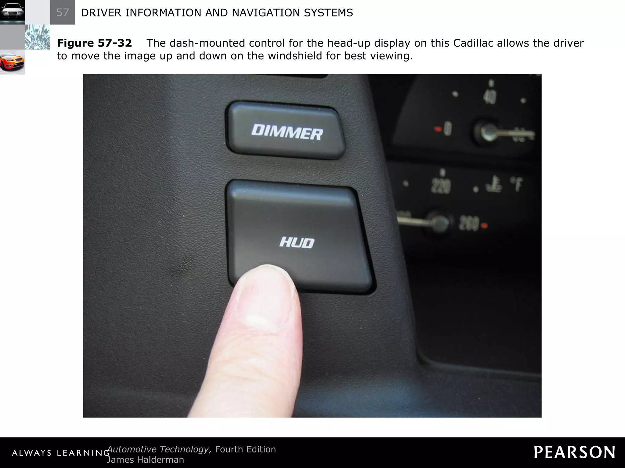 Figure 57-32   The dash-mounted control for the head-up display on this Cadillac allows the driver to move the image up and down on the windshield for best viewing. 