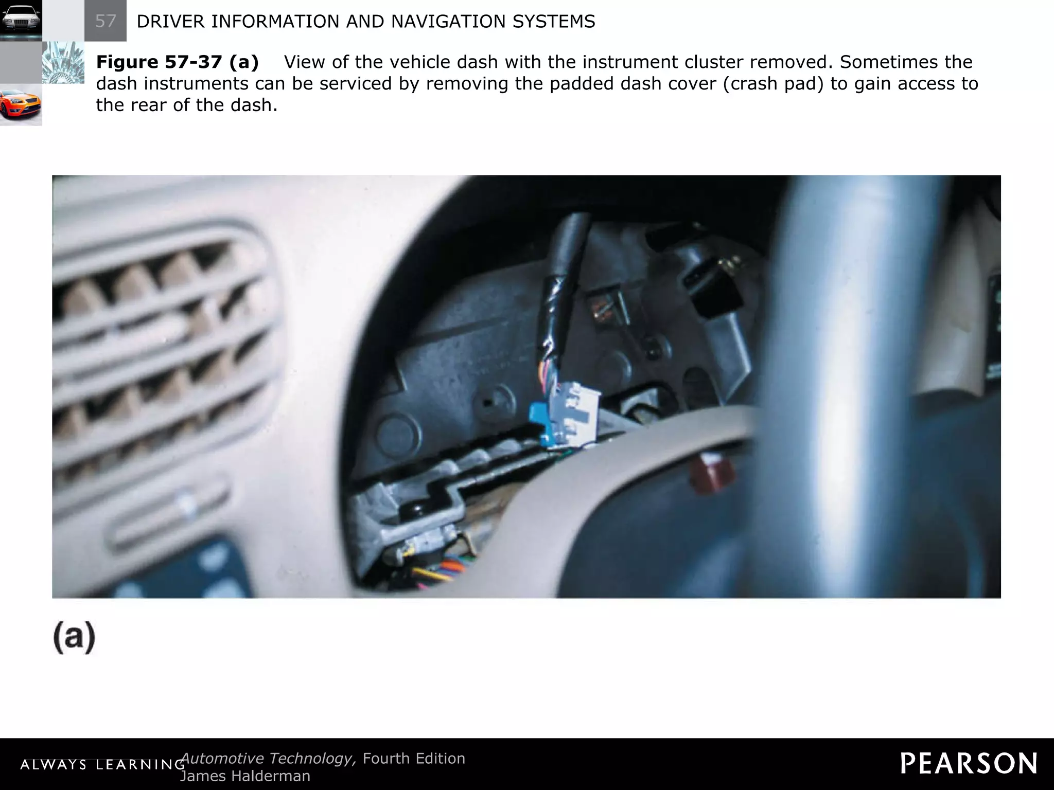 Figure 57-37 (a)   View of the vehicle dash with the instrument cluster removed. Sometimes the dash instruments can be serviced by removing the padded dash cover (crash pad) to gain access to the rear of the dash.  