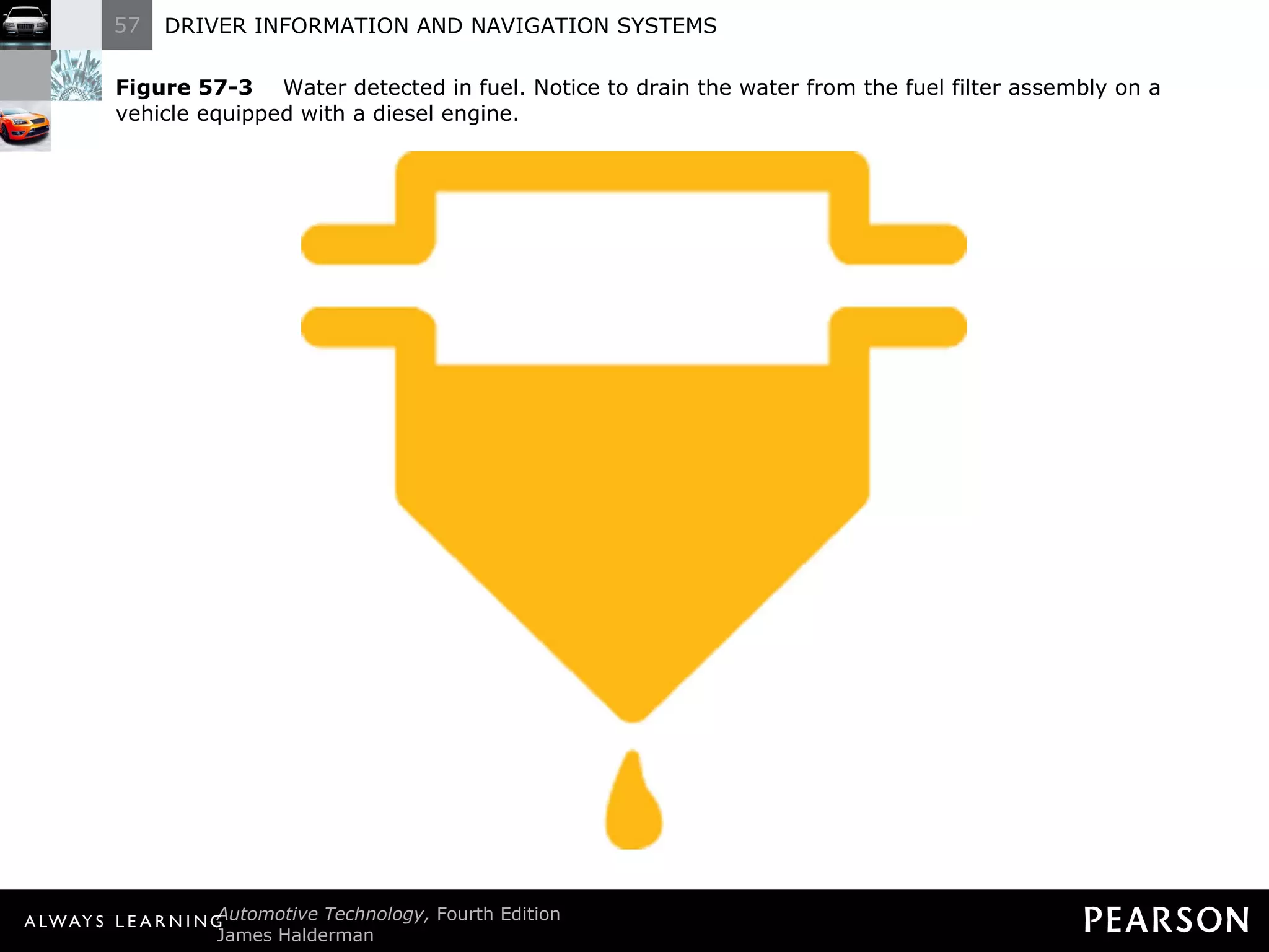 Figure 57-3   Water detected in fuel. Notice to drain the water from the fuel filter assembly on a vehicle equipped with a diesel engine. 