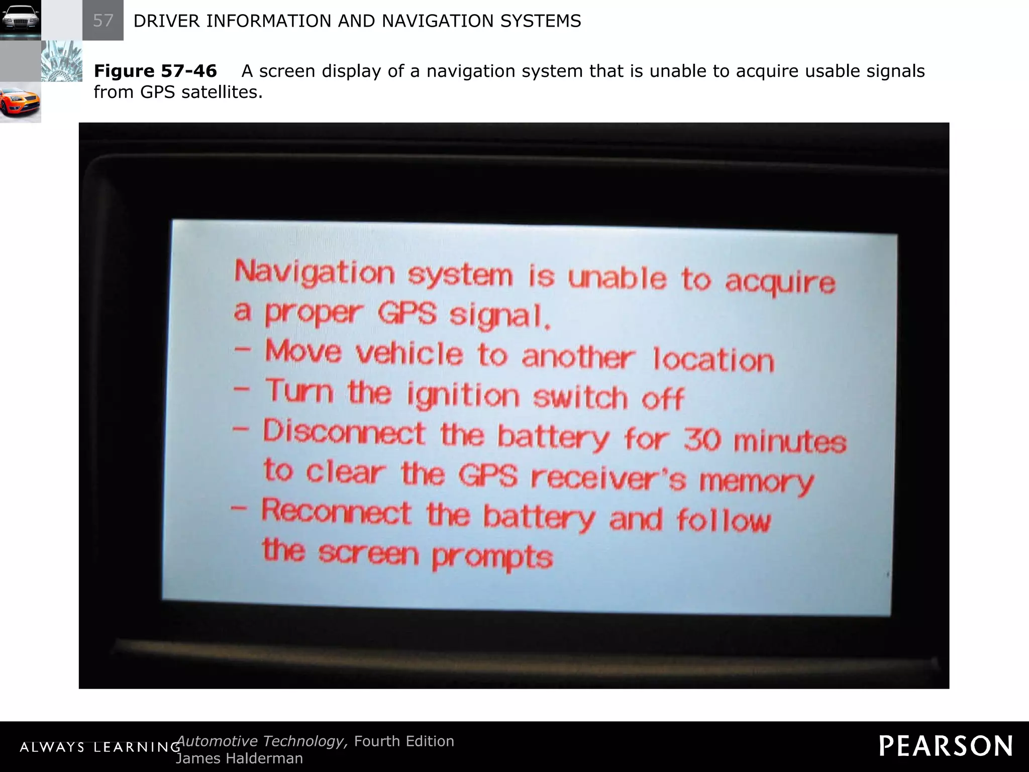 Figure 57-46   A screen display of a navigation system that is unable to acquire usable signals from GPS satellites. 