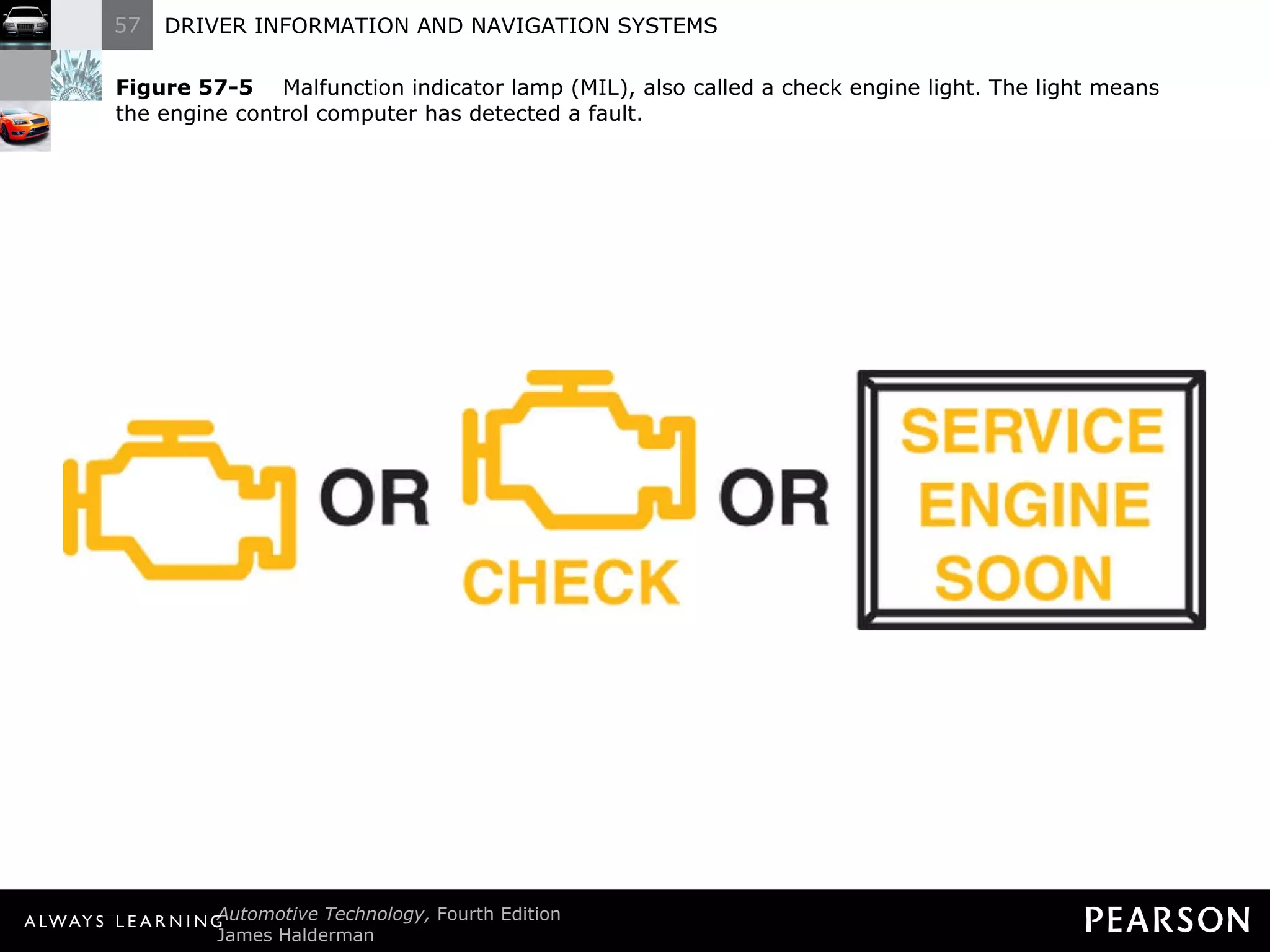 Figure 57-5   Malfunction indicator lamp (MIL), also called a check engine light. The light means the engine control computer has detected a fault. 
