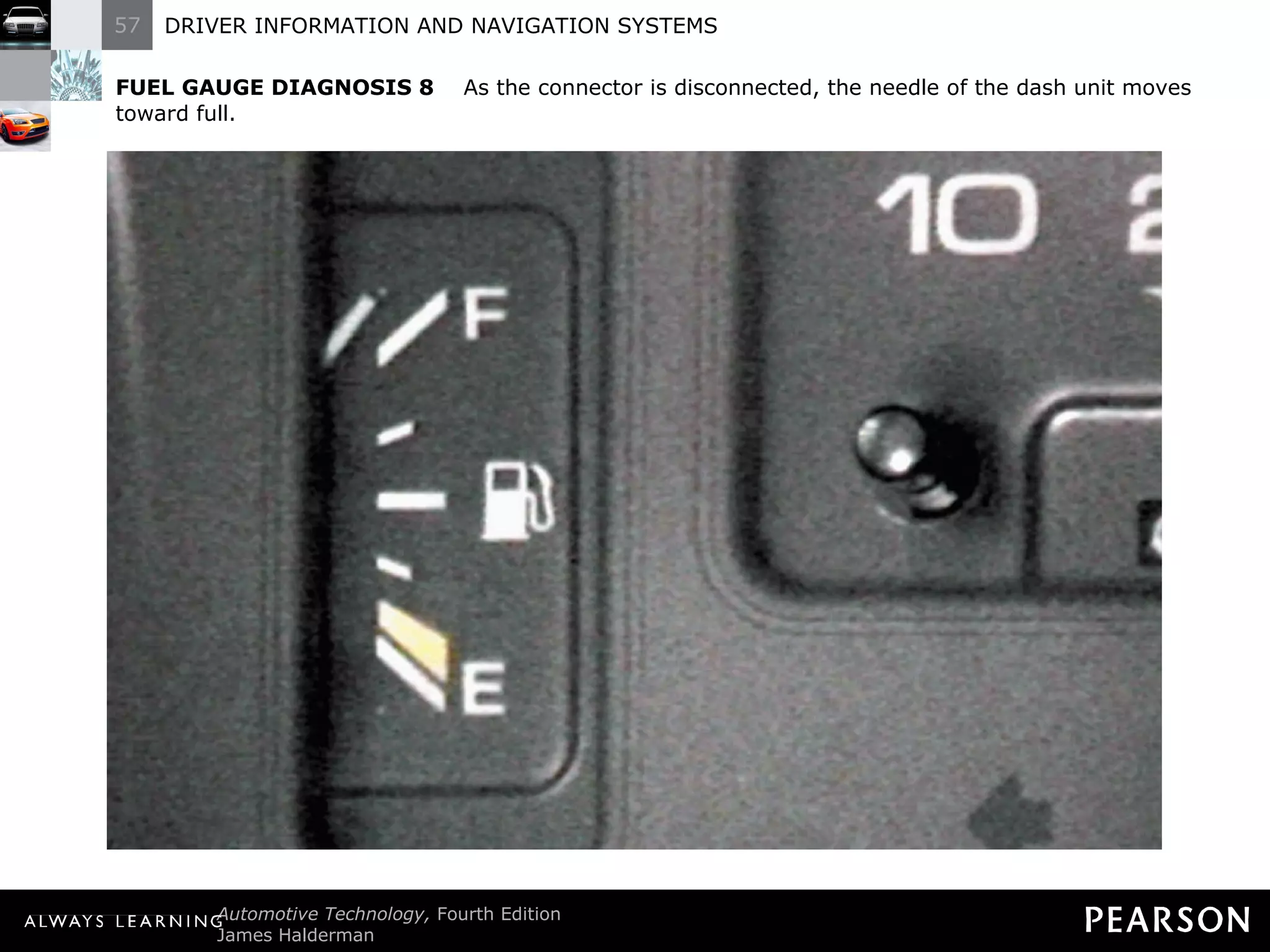 FUEL GAUGE DIAGNOSIS 8   As the connector is disconnected, the needle of the dash unit moves toward full. 