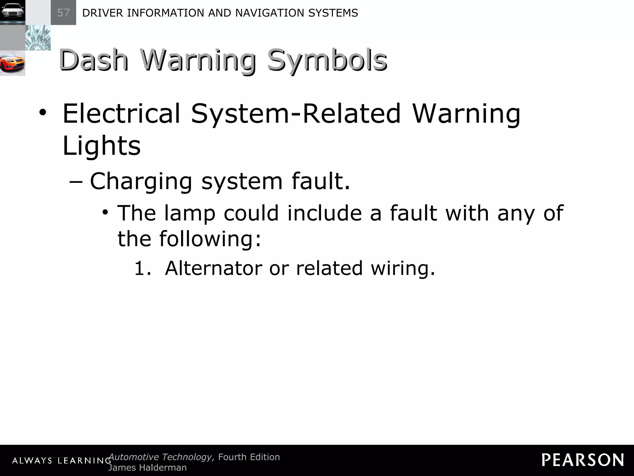 Dash Warning Symbols Electrical System-Related Warning Lights Charging system fault. The lamp could include a fault with any of the following: Alternator or related wiring. 