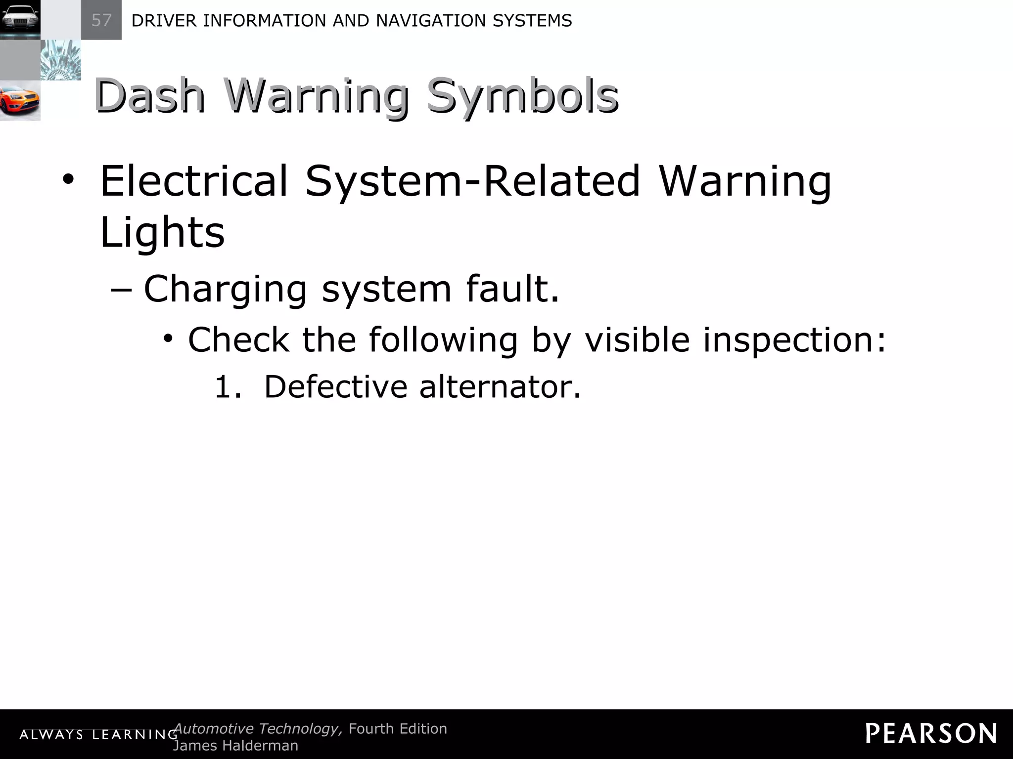 Dash Warning Symbols Electrical System-Related Warning Lights Charging system fault. Check the following by visible inspection: Defective alternator. 